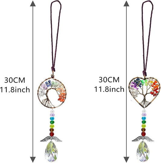 Healing Crystal Decor Tree of Life Car Hanging Accessories Suncatcher with Wings 7 Chakras Window Wall Hanging Decor Meditation Ornaments Home Decoration (Heart+Round)
