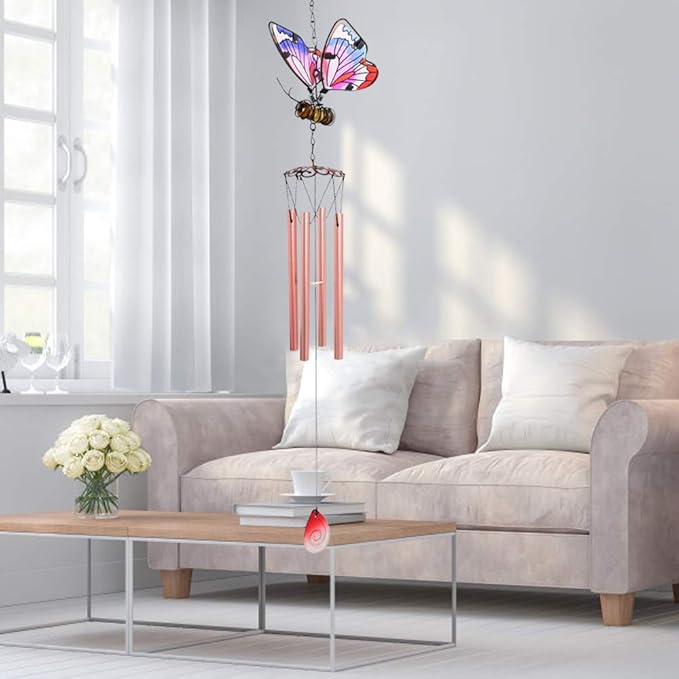 AVEKI Iron Stained Glass Butterfly Wind Chimes - 27.5''H, Pink, Indoor/Outdoor, Home, Garden, Window, Yard, Patio, Lawn Decoration