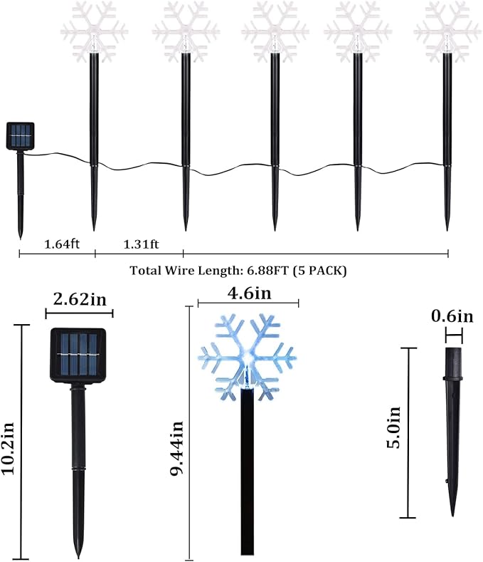 Christmas Snowflake Pathway Lights, 5 Pack Solar Christmas Stake Markers with Cool White Fairy Lights for Outdoor Holiday Walkway Patio Garden Decoration