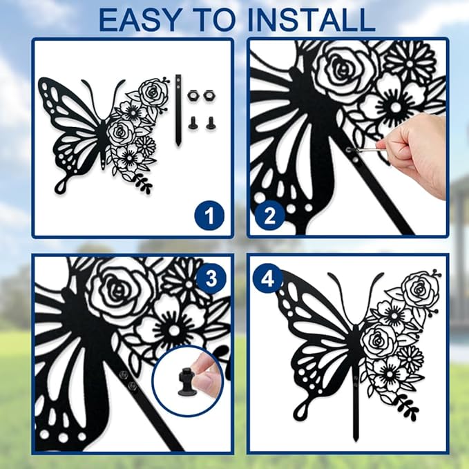 WADORN Butterfly Metal Decorative Garden Stakes, Butterfly Flowers Garden Outdoor Statues Silhouette Boho Butterfly Stakes Metal Butterfly Garden Statues for Lawn Ornaments Yard Patio Outdoor Garden
