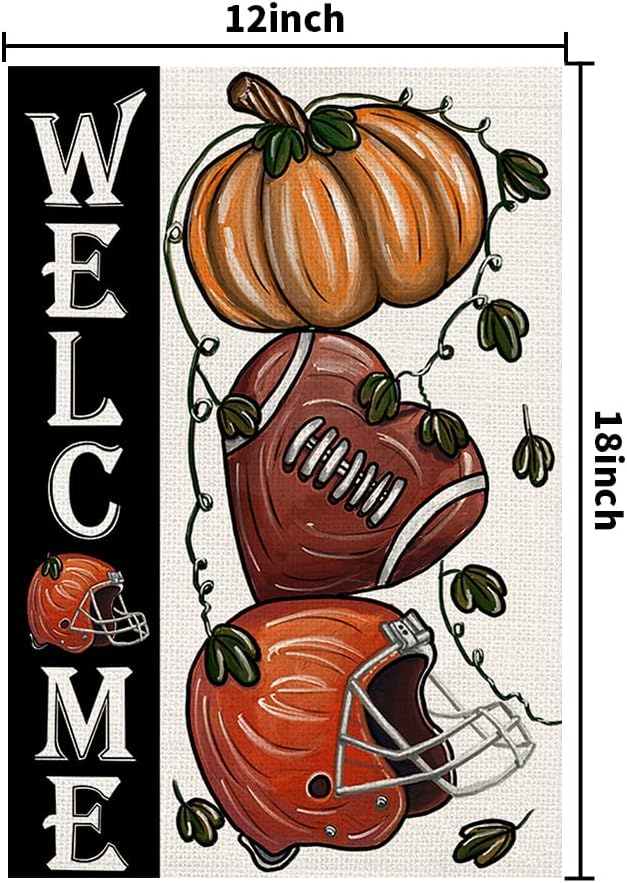 Fall Football Welcome Garden Flags 12x18 Inch Vertical Double Sided, Pumpkin Autumn Sports Game Day Sign Thanksgiving Seasonal Yard Outside Decor DF330