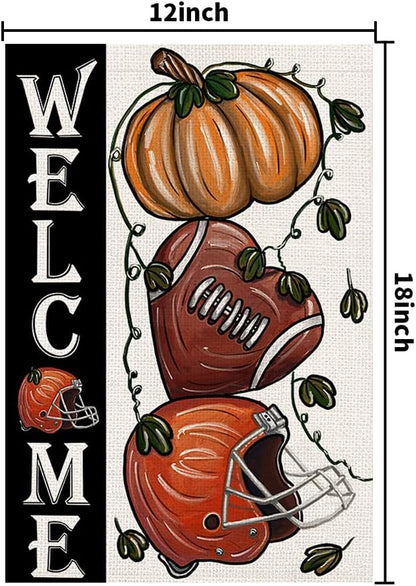 Fall Football Welcome Garden Flags 12x18 Inch Vertical Double Sided, Pumpkin Autumn Sports Game Day Sign Thanksgiving Seasonal Yard Outside Decor DF330