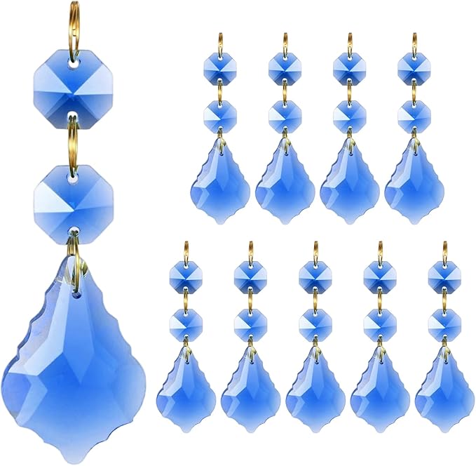 M METERXITY 10PCS Crystal Suncatcher 2 Leaves Prisms Pendants Ornament, 38mm Chandelier Hanging Crystal Sun Catcher Beads for Home Garden Windows Wedding DIY Decoration [Medium Blue]