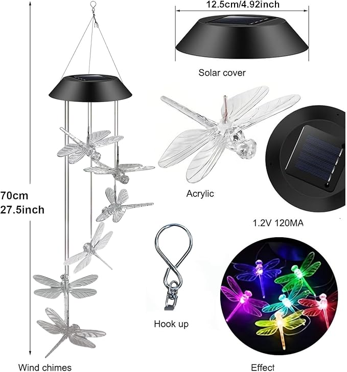 Solar Wind Chimes for Outside,Dragonfly Solar Hanging Lights Outdoor,Dragonfly Gifts for Women,Waterproof Outdoor Solar Powered Lights for Garden Patio Yard Home Decor