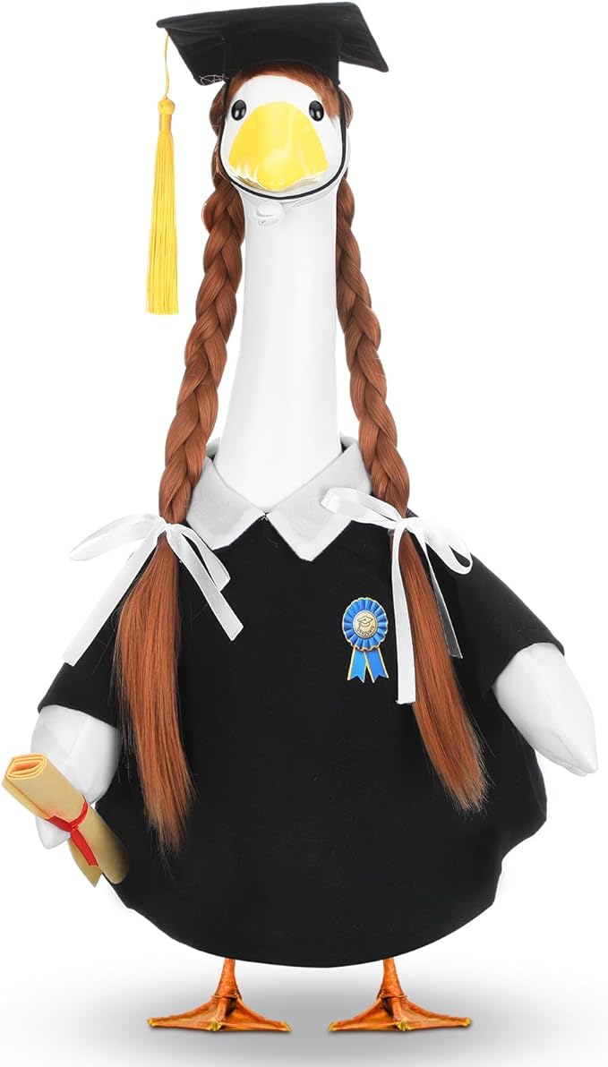 Abbylike Graduation Porch Goose Outfits Graduation Cap with Gold Tassel and Wig Yard Goose Costume Clothes Fits Large 23'' Cement for Garden Yard Statue Lawn Pathway Decorations