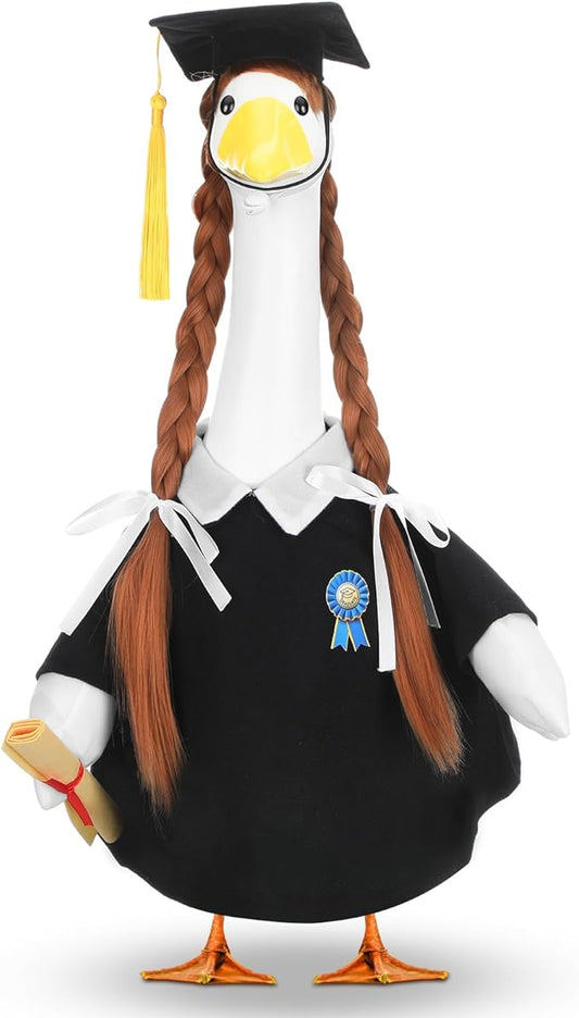 Abbylike Graduation Porch Goose Outfits Graduation Cap with Gold Tassel and Wig Yard Goose Costume Clothes Fits Large 23'' Cement for Garden Yard Statue Lawn Pathway Decorations