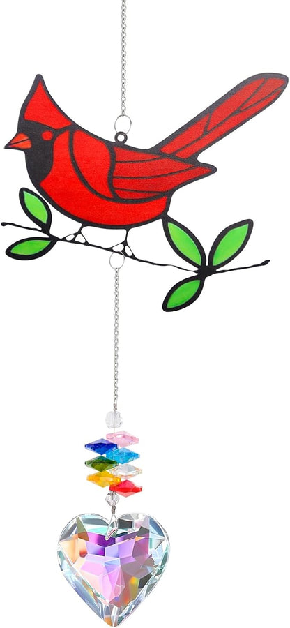 Red Cardinal Bird Window Sun Catcher – Handmade Bird Lover Window Hanging Décor with Suction Cups for Home & Garden - Memorial Cardinal Gifts for Women, Mom,Grandma (B)