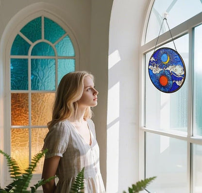 Stained Glass Window Hanging Sun Moon and Cloud Suncatcher - Handmade Stained Glass Suncatchers Hanging with Chain and Hook - Outdoor Garden Decor Housewarming Gift for Christmas and Thanksgiving