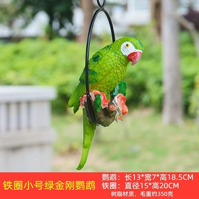 Mini Garden Statues Hanging Iron Ring Parrots, Resin Parrot Hanging Statue, Hanging Birds Figurine for Pathways Yard Patio Office Home Indoor Outdoor Tree Decorations (A-4)