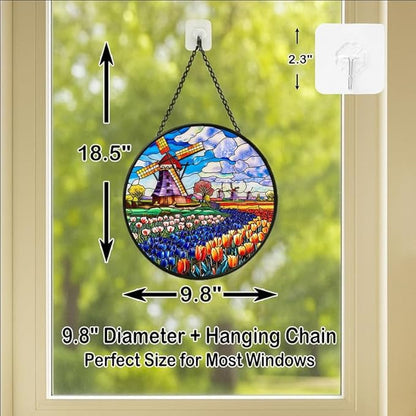 Stained Glass Window Hanging - 9.8in Windmill and Tulips Flowers Field Sun Catchers Indoor Stained Glass Panels Wall Decor for Mom，Wife，Lovers，Festive