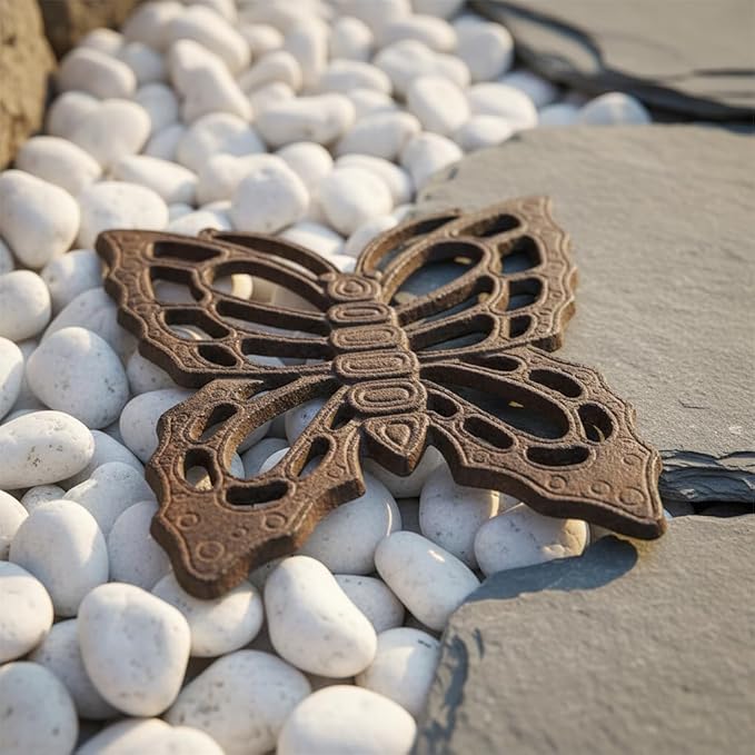 Comfy Hour 11" Vintage Brown Butterfly Cast Iron Stepping Stone, Rustic Antique Figurine Style Home Decor, Heavy Duty Metal Garden Pathway Paver