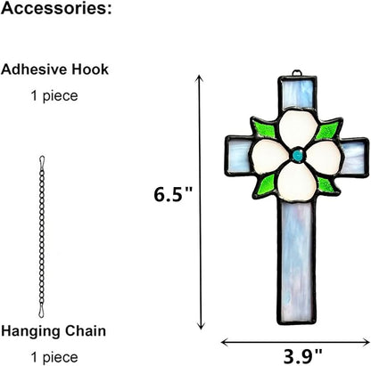 Stained Glass Flower Cross Decor Window Hanging for Baptism, First Communion Handmade Art Cross Suncatchers Religious Ornament Gifts for Women