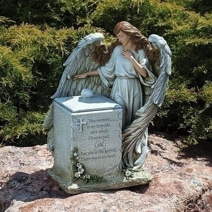 Joseph's Studio by Roman, 16” Memorial Box with Angel – Religious Garden Statue, Holy Family Keepsake, Patron Saint Outdoor Memorial Décor