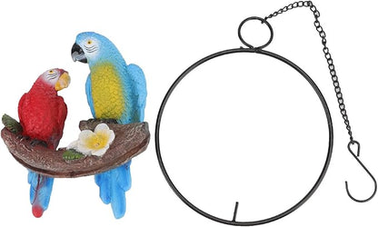 Keebgyy Metal Birds Outdoor Decor, Parrots Hanging Statue, Garden Iron Rings Parrots Pendant Resins Bird Model Crafts Courtyard Balcony Decorations Small Red Blue Macaw, Macaw Model Pendant Red