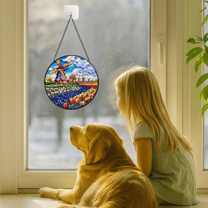Stained Glass Window Hanging - 11.8in Windmill and Tulips Flowers Field Sun Catchers Indoor Stained Glass Panels Wall Decor for Mom，Wife，Lovers，Festive