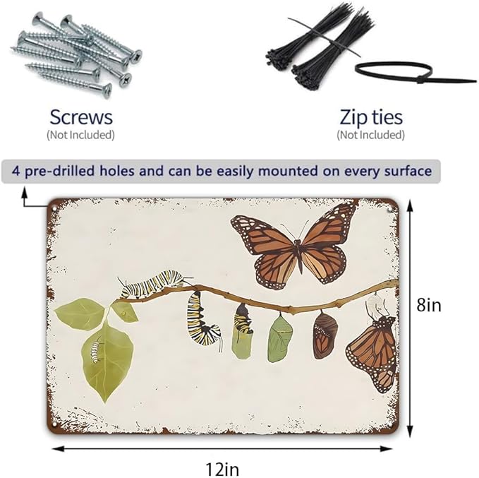 YOYI ART Butterfly Sign - Butterfly Metamorphosis Life Cycle, Vintage Metal Tin Sign for Bedroom, Garden, Girls Room, Outdoor, Patio Wall Art Decor, Gifts for Women Girls, 12 x 8 inch