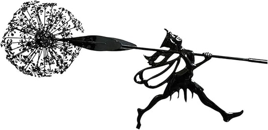 Flower Fairy Dancing with Dandelion Garden Sculpture,Angel Metal Ornaments Stainless Steel Statue Decorations,Wonderland Outdoor Yard Lawn Patio Stakes Sculptures Decor (D)