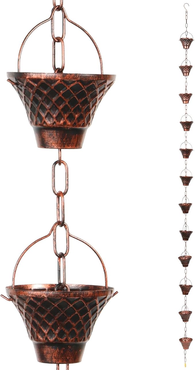 Rain Chains for Gutters, Outside Downspouts Metal Rain Catcher Diverter, 8.5 Ft Retro Rain Chain Decorative with Hook and 12 Metal Cups for Windowsill Garden Patio