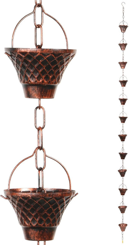 Rain Chains for Gutters, Outside Downspouts Metal Rain Catcher Diverter, 8.5 Ft Retro Rain Chain Decorative with Hook and 12 Metal Cups for Windowsill Garden Patio