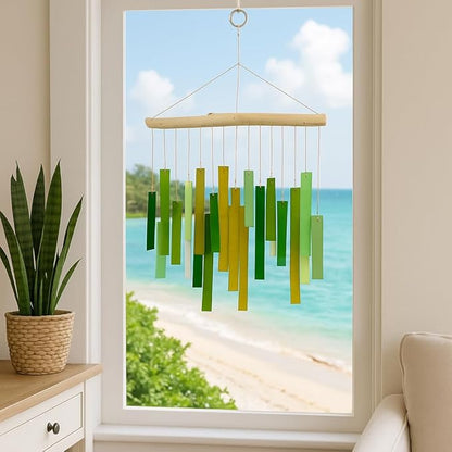 Glass Wind Chime, Large 20″ – Green Harmony Recycled Glass & Driftwood Hanging Chime for Porch, Patio & Home
