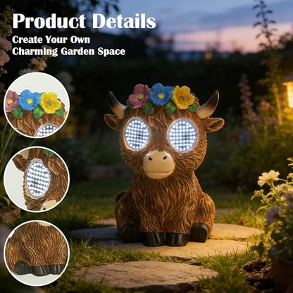 Solar Garden Statue with LED Lights, Dynamic Blinking Lights and Flowers, Outdoor Garden Figurine for Patio Porch Lawn Backyard Decor, Housewarming Gifts for Women (Highland Cow)