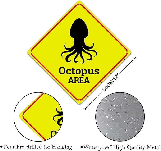 Octopus Crossing Sign Caution OctopusXing Sign Street Sign Wildlife Novelty Road Fence Wall Decor Warning Metal Tin Sign For Indoor Outdoor 12x12in