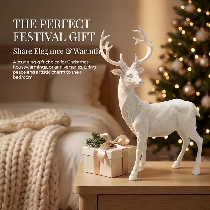 XTAPAN Resin 19.68 Inch Height Standing Deer Statue Animals Sculpture Garden Art Decor Yard Ornament Lawn Garden Outdoor Patio Decoration Figurine White