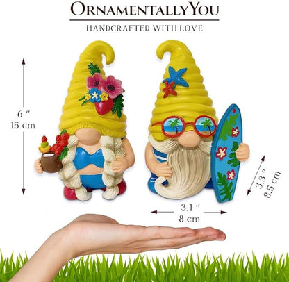 OrnamentallyYou Spring & Summer-Themed Garden Statues – Adorable Outdoor Decor for Lawn, Patio & Porch (Tropical Beach Gnome Duo Figurine Set, Cute 6" Summer Decoration Garden Statue)