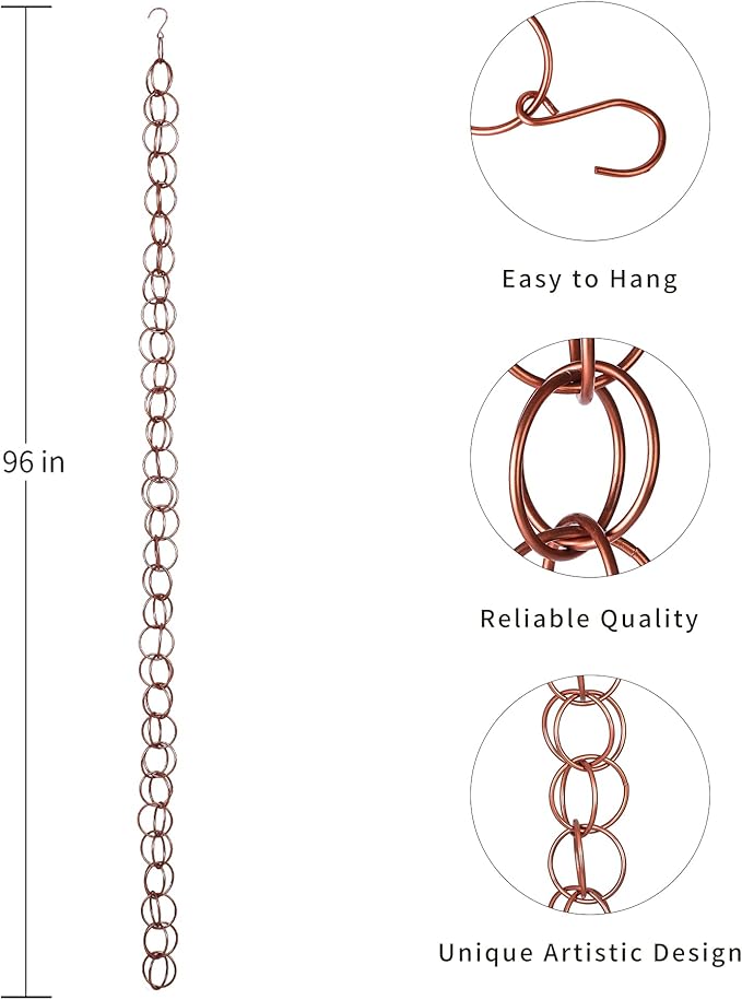 Topadorn Rain Chain Decoration 8 FT., Rain Downspout Catcher Chain Gutter 96'' Metal Double Loop, Rain Chains for House Eaves, Garden, Porch & Patio, Ring Rain Chain