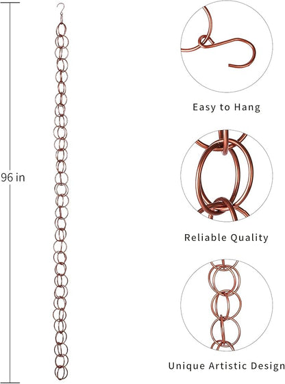Topadorn Rain Chain Decoration 8 FT., Rain Downspout Catcher Chain Gutter 96'' Metal Double Loop, Rain Chains for House Eaves, Garden, Porch & Patio, Ring Rain Chain