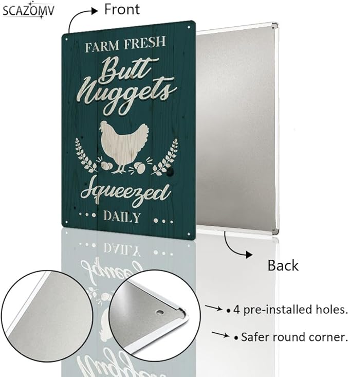 Chicken Coop Tin Sign-Farm Fresh Butt Nuggets, Vintage Metal Hanging Plaque for Egg Market Farm Barn Yard Garden Home Kitchen Bar Wall Decor Hen House Accessories Outdoor (12" x 8")