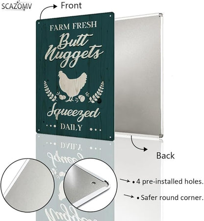 Chicken Coop Tin Sign-Farm Fresh Butt Nuggets, Vintage Metal Hanging Plaque for Egg Market Farm Barn Yard Garden Home Kitchen Bar Wall Decor Hen House Accessories Outdoor (12" x 8")