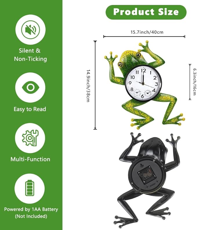 Frog Outdoor Clock with Thermometer & Humidity, Outdoor Wall Clock Silent Non-Ticking Outside Clocks for Patio, Garden, Home Decor