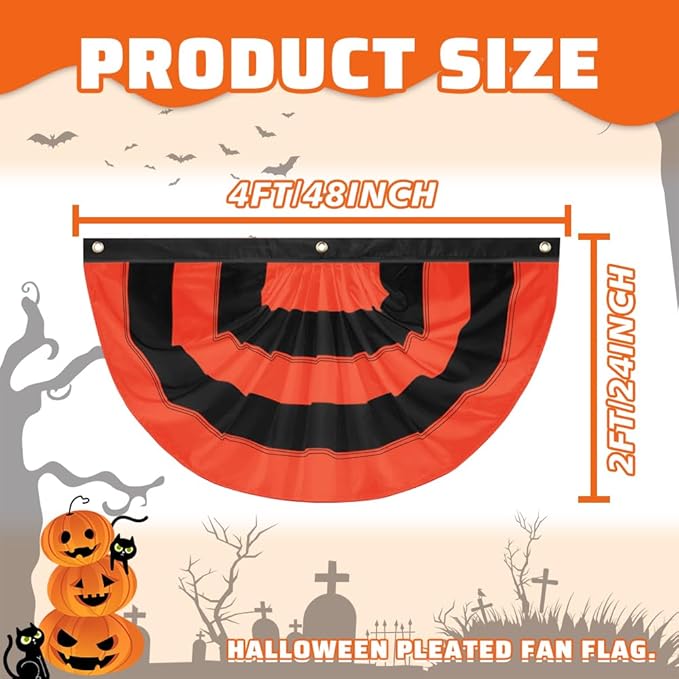 Halloween Bunting Flag 2 x 4 ft Fully Sewn Orange & Black 5 Stripe with 3 Grommets Pleated Half Fan Flag Bunting Banner Trick or Treat Halloween Decor Outside Porch Garden Outdoor Yard Indoor Home
