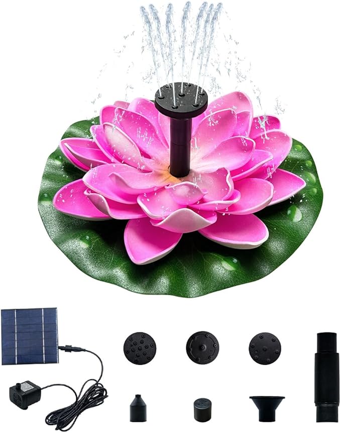 Solar Bird Bath Fountain with Lotus Flower | 7V 1.4W Powerful Pump, 5 Nozzles, 9.8FT Cord for Stable Sunlight | Floating Garden Water Fountain for Pond, Patio, Outdoor Decor