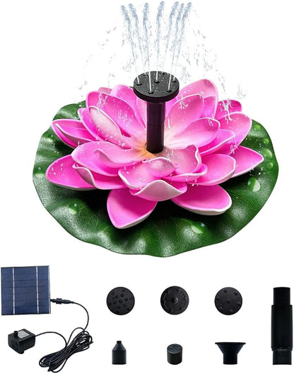 Solar Bird Bath Fountain with Lotus Flower | 7V 1.4W Powerful Pump, 5 Nozzles, 9.8FT Cord for Stable Sunlight | Floating Garden Water Fountain for Pond, Patio, Outdoor Decor