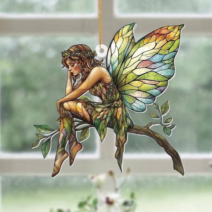 Stained Glass Fairy Ornament – Acrylic Suncatcher Window Hanging, Woodland Fantasy Decor, Christmas Tree Ornament 2026, Car Rearview Mirror Charm, Gift for Fairy Lovers, Women, Girls, Teachers(Sun-10)