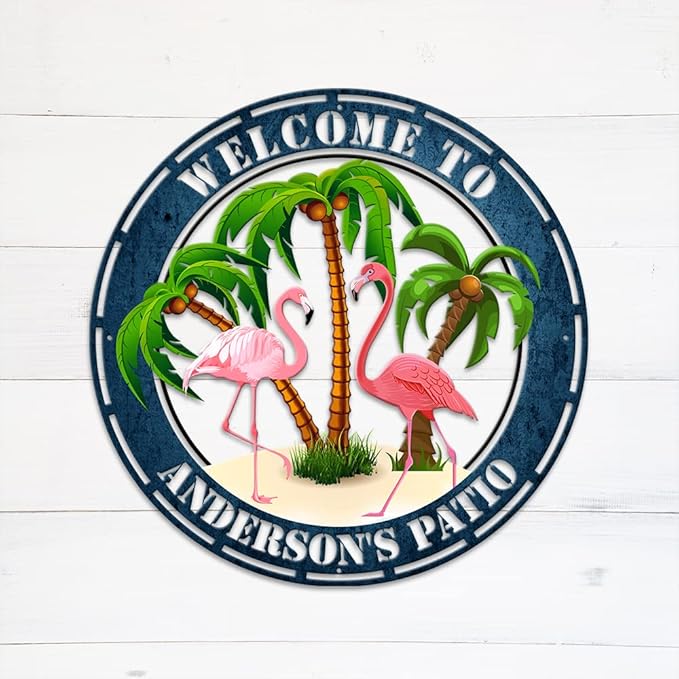 MeMate Flamingo Patio Sign Outdoor Decor, Personalized Metal Sign for Backyard, Custom Name Signs for Garden Porch, Deck, Large Metal Sign for Outside, Housewarming Gifts for Family Friends