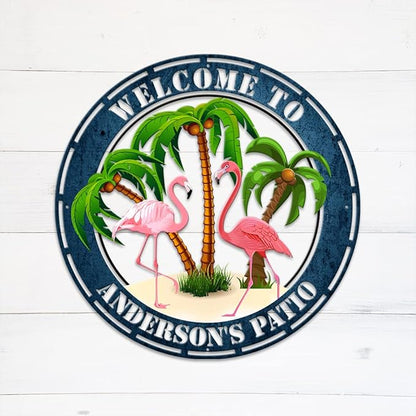 MeMate Flamingo Patio Sign Outdoor Decor, Personalized Metal Sign for Backyard, Custom Name Signs for Garden Porch, Deck, Large Metal Sign for Outside, Housewarming Gifts for Family Friends