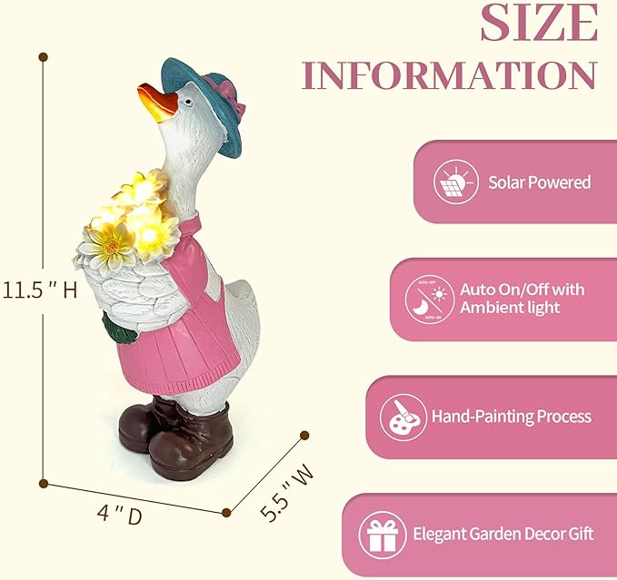 Solar Porch Goose Garden Statue with Glowing Flower, 11.5" Solar Duck Garden Decor for Outdoor, Waterproof Animal Figurine with Auto Light for Yard Lawn Patio - Unique Gift for Mom Grandma Women