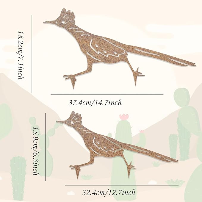 2 Pcs Roadrunner Garden Art Metal Yard Art Decorative Garden Stakes Southwest Desert Bird Decor for Garden Yard Metal Yard Ornaments Bird Art Mexican Roadrunner Gifts (Retro)