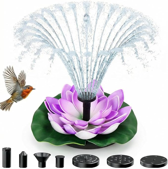 Bird Bath Fountains Solar Power for Outside, Small Solar Fountain for Bird Bath, Floating Lotus Solar Garden Fountain Pump Kit for Outdoors, Garden, Patio, Pond, Yard Decor (Purple, 4.3IN 1.2W)