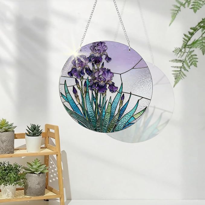 Acrylic Window Hanging, Purple Flowers Romantic Suncatcher for Home Garden Decor, Door Window Decoration, Christmas or Birthday Gifts for Women Family or Friends