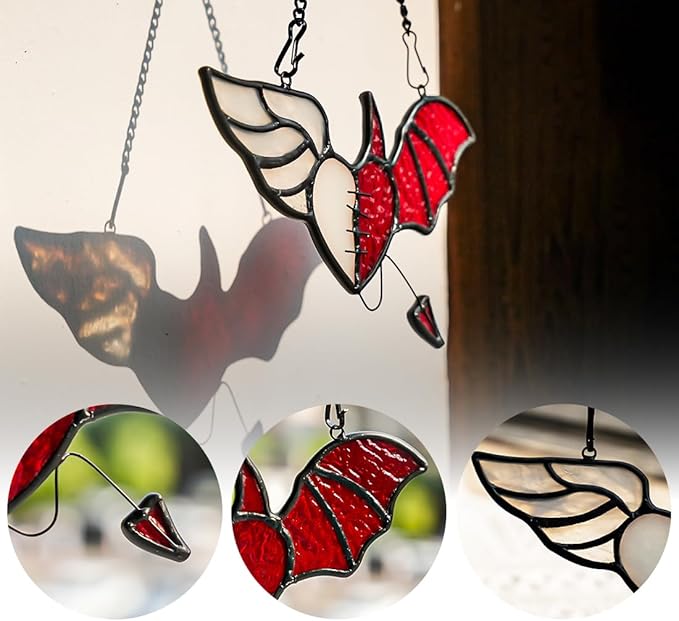 BOXCASA Angel and Devil Wings Decor Stained Glass Suncatcher for Window,Heart-Shaped Stained Glass Window Hangings,Angel Gifts for Women,Heart for Thanksgiving Gift