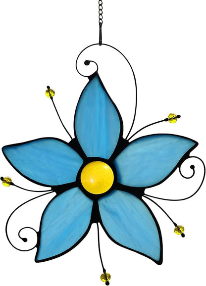 Stained Glass Window Hanging Flower Ornaments,Forget Me Not Blue Flower Suncatcher for Window, Home Decor of Living Room, Gift for Women Valentine's Day & Birthday & Christmas.
