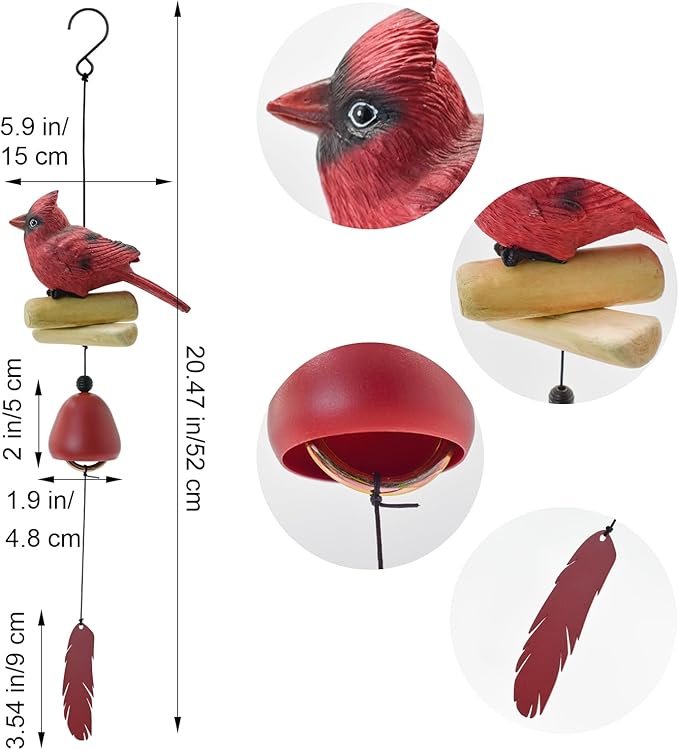 MrMrKura Bird Wind Chimes, Cardinal Wind Bell Pendent for Glory Mothers Love Gift Hanging Wind Chime with Feather Ornament for Bless Garden Backyard Home Decor (Red)