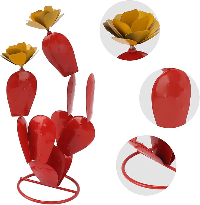 Metal Prickly Pear with Flowers, Iron Rustic Statue, Handcrafted Desert Garden Decor Sculpture for Yard Lawn Patio, Red Outdoor Metal Art