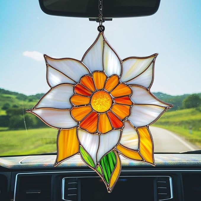 Narcissus Mosaic Style Acrylic Suncatcher Stained Glass Effect Window Car Hanging Christmas Ornament Indoor Outdoor Decor Garden Sun Catcher Panel for Floral Lover for Women Mom Grandma