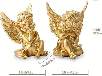 YUEOECOR 2PCS Cherubs Angels Resin Garden Statue Figurine, Adorable Angel Sculpture Memorial Statue Indoor Outdoor Home Garden Decoration (B 2PCS Gold)