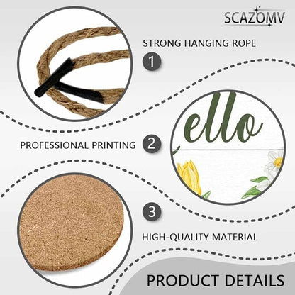 Round Rustic Wood Sign Plaque Hello Tulip Flower Hand-Painted Vintage Wall Door Art Sign Cute Wooden Hanging Sign Decor for Home Kitchen Farmhouse Garden Front Door Entryway Porch 12 Inch